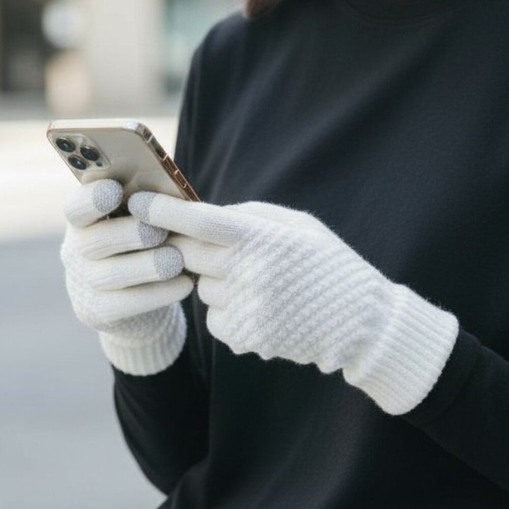2/$30 White Knit Touchscreen Gloves Brushed Fleece Lined Winter Warm Unisex